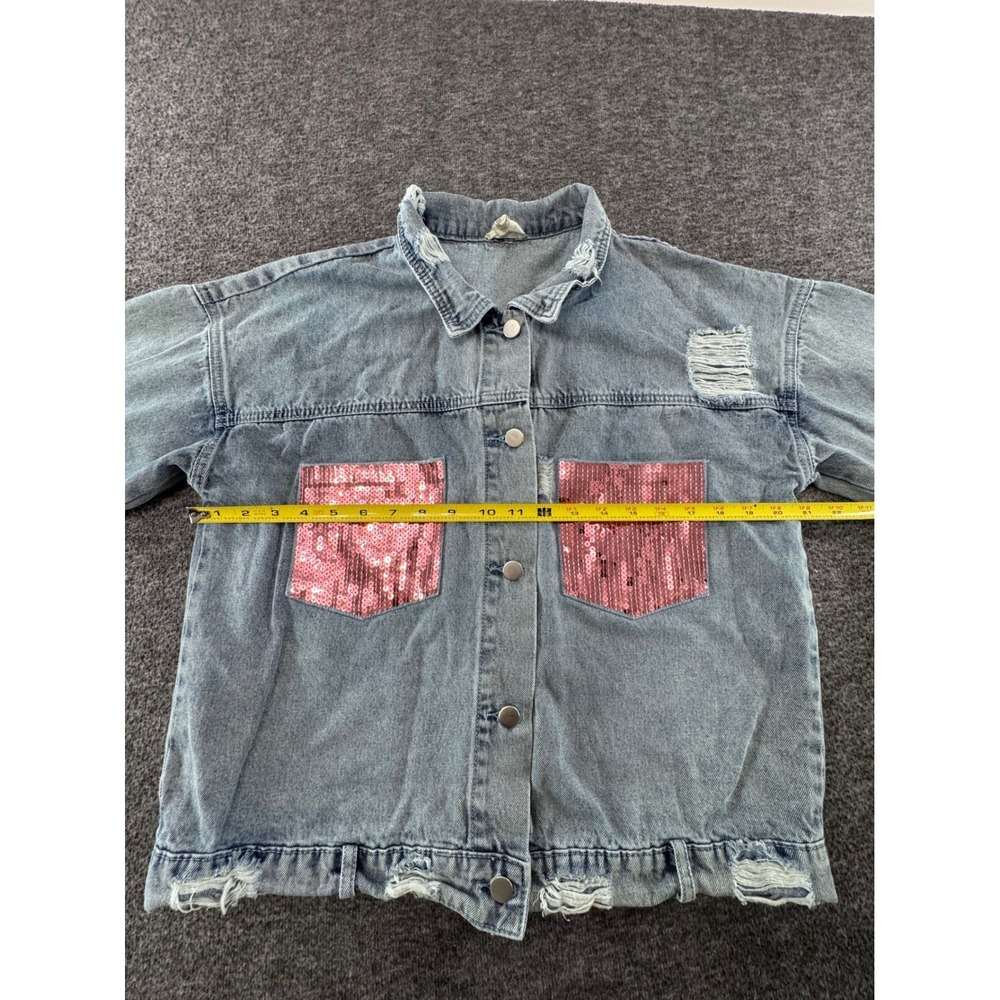 BIBI Distressed Denim Jacket Pink Sequin Pockets Light Wash Cotton Large - Picture 7 of 10
